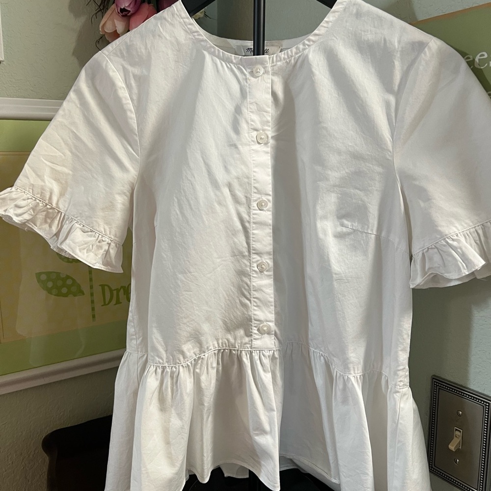 Madewell White Ruffle Short Sleeve Button-Front Blouse - Picture 7 of 7